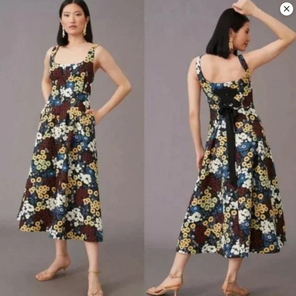 Anthropologie Black Floral Midi Dress with Yellow & Blue Accents